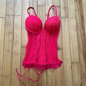 Hot Pink Lace Corset Bustier Babydoll Front Closure Ruffle Hem